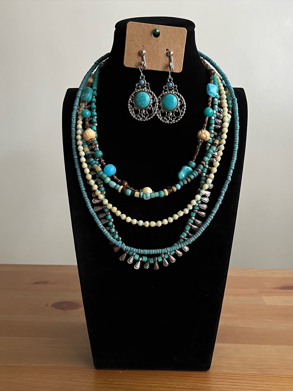 Multi strand stone glass necklace with clip on dangle earrings jewelry set boho